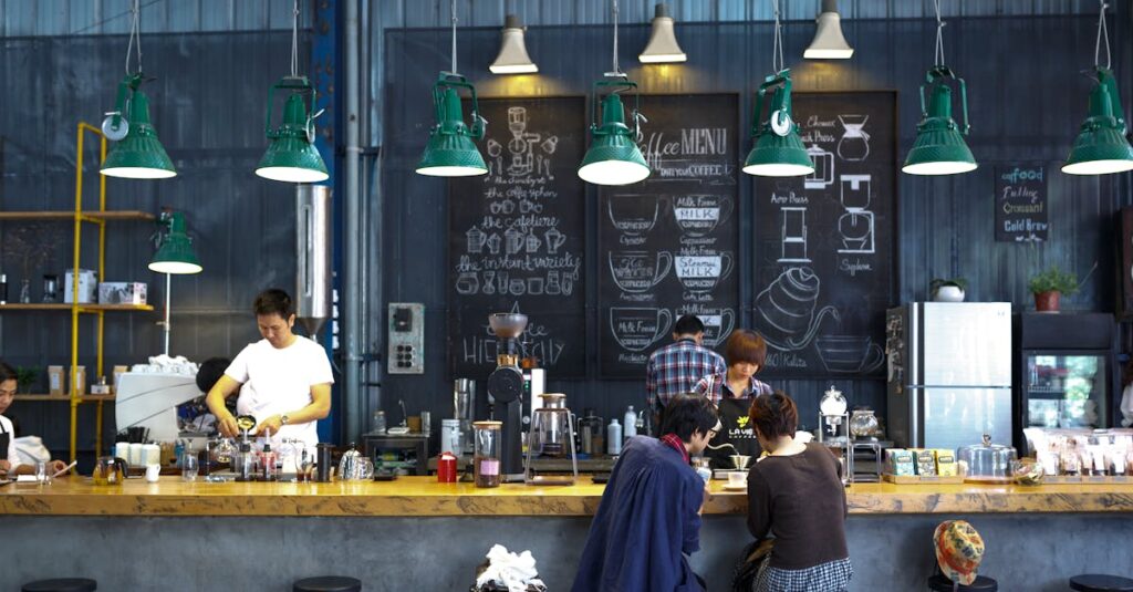 A bustling café with a modern industrial design, featuring a barista making coffee and patrons enjoying drinks.